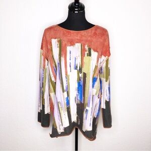 Trisha Tyler orange white mulitcolor graphic long sleeve tunic top size Large